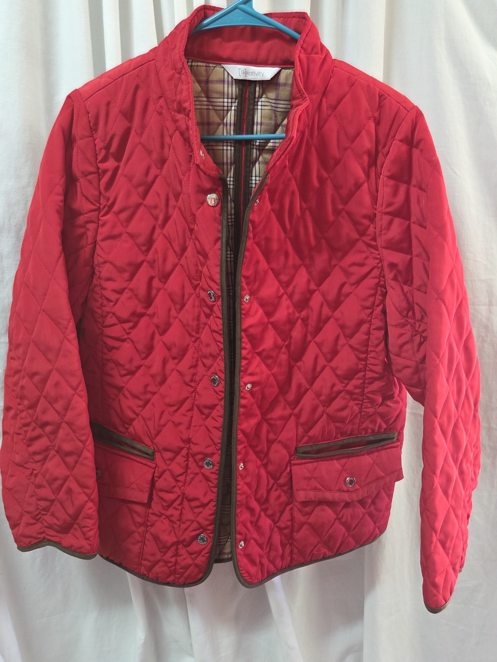 Relativity Quilted Red Utility Jacket with Brown Trim